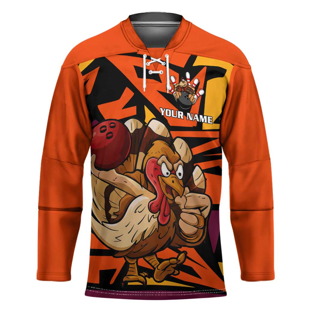 Custom Turkey Bowling Hockey Jersey with Cartoon Turkey Striker and Orange Geometric Pattern - Wonder Print Shop
