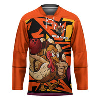 Custom Turkey Bowling Hockey Jersey with Cartoon Turkey Striker and Orange Geometric Pattern - Wonder Print Shop