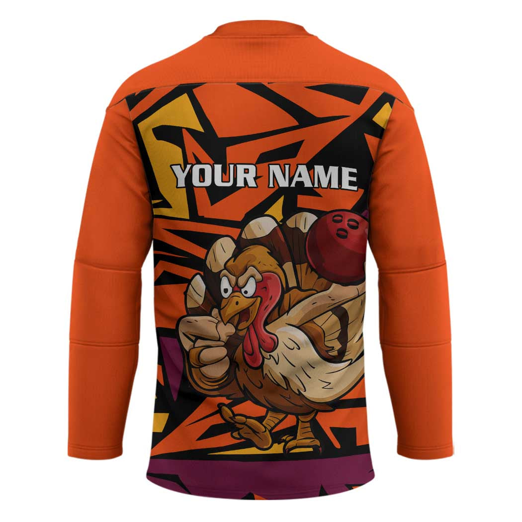 Custom Turkey Bowling Hockey Jersey with Cartoon Turkey Striker and Orange Geometric Pattern - Wonder Print Shop