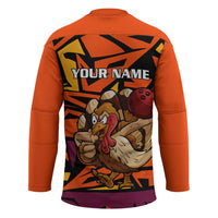Custom Turkey Bowling Hockey Jersey with Cartoon Turkey Striker and Orange Geometric Pattern - Wonder Print Shop