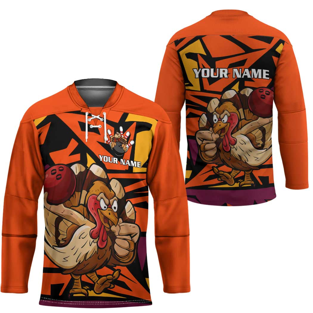Custom Turkey Bowling Hockey Jersey with Cartoon Turkey Striker and Orange Geometric Pattern - Wonder Print Shop