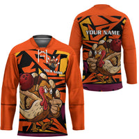 Custom Turkey Bowling Hockey Jersey with Cartoon Turkey Striker and Orange Geometric Pattern - Wonder Print Shop