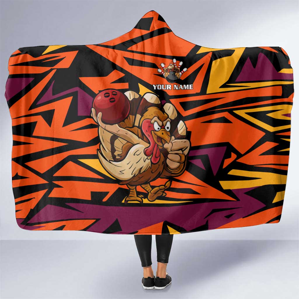 Custom Turkey Bowling Hooded Blanket with Cartoon Turkey Striker and Orange Geometric Pattern - Wonder Print Shop
