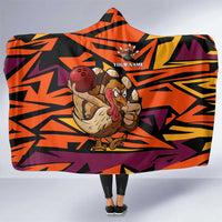 Custom Turkey Bowling Hooded Blanket with Cartoon Turkey Striker and Orange Geometric Pattern - Wonder Print Shop