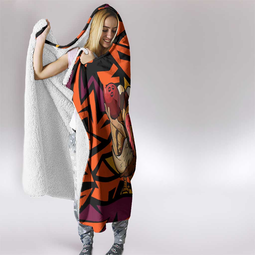 Custom Turkey Bowling Hooded Blanket with Cartoon Turkey Striker and Orange Geometric Pattern - Wonder Print Shop