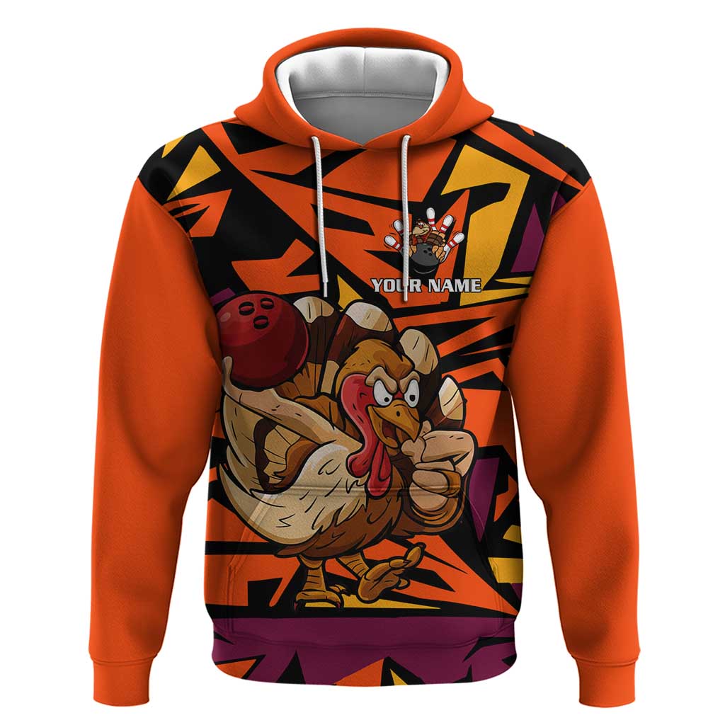 Custom Turkey Bowling Hoodie with Cartoon Turkey Striker and Orange Geometric Pattern - Wonder Print Shop