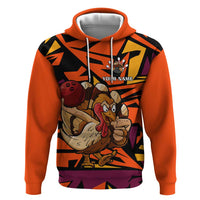 Custom Turkey Bowling Hoodie with Cartoon Turkey Striker and Orange Geometric Pattern - Wonder Print Shop
