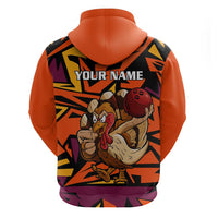 Custom Turkey Bowling Hoodie with Cartoon Turkey Striker and Orange Geometric Pattern - Wonder Print Shop