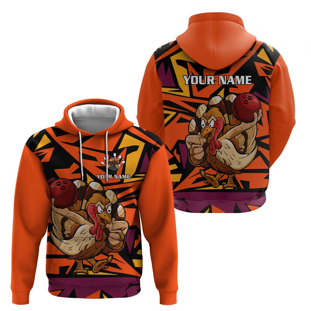 Custom Turkey Bowling Hoodie with Cartoon Turkey Striker and Orange Geometric Pattern - Wonder Print Shop