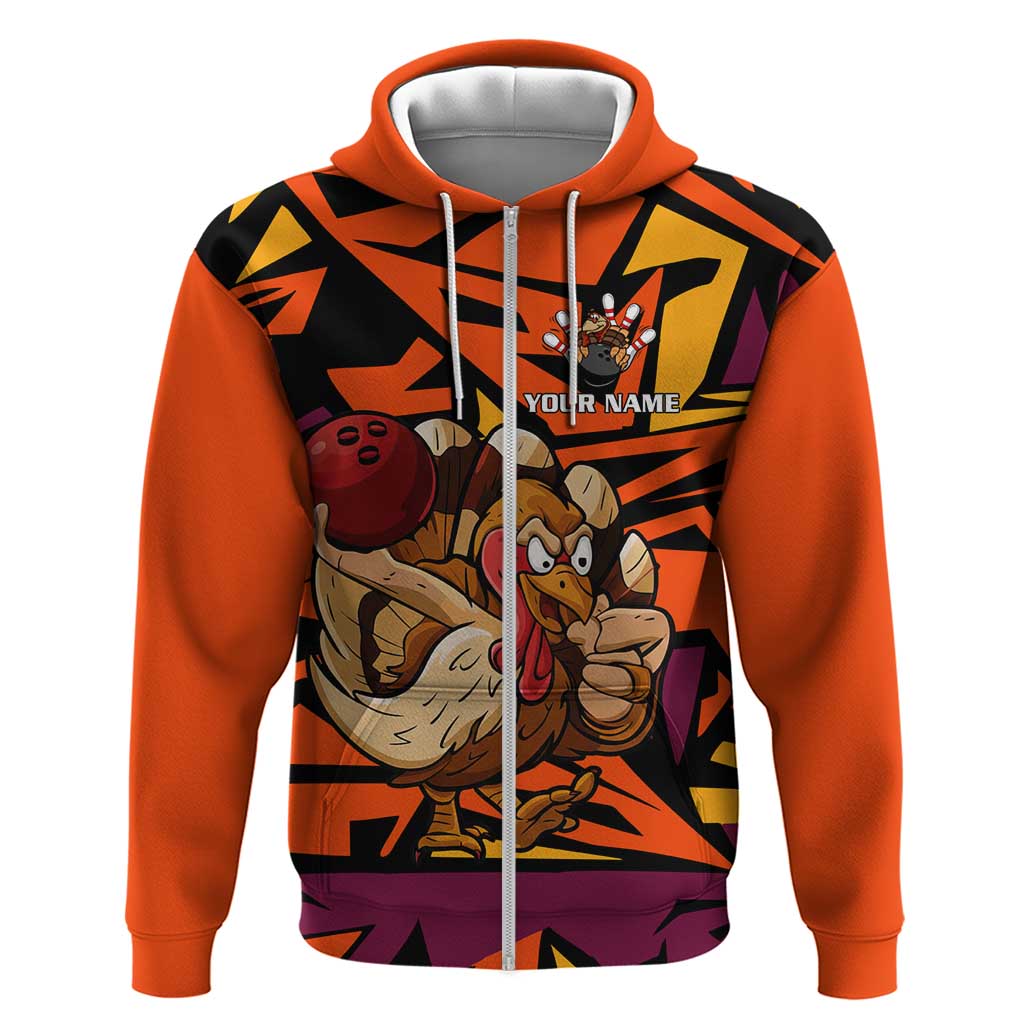 Custom Turkey Bowling Hoodie with Cartoon Turkey Striker and Orange Geometric Pattern - Wonder Print Shop