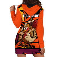 Custom Turkey Bowling Hoodie Dress with Cartoon Turkey Striker and Orange Geometric Pattern - Wonder Print Shop