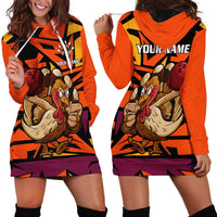 Custom Turkey Bowling Hoodie Dress with Cartoon Turkey Striker and Orange Geometric Pattern - Wonder Print Shop