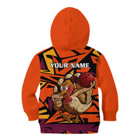 Custom Turkey Bowling Kid Hoodie with Cartoon Turkey Striker and Orange Geometric Pattern - Wonder Print Shop