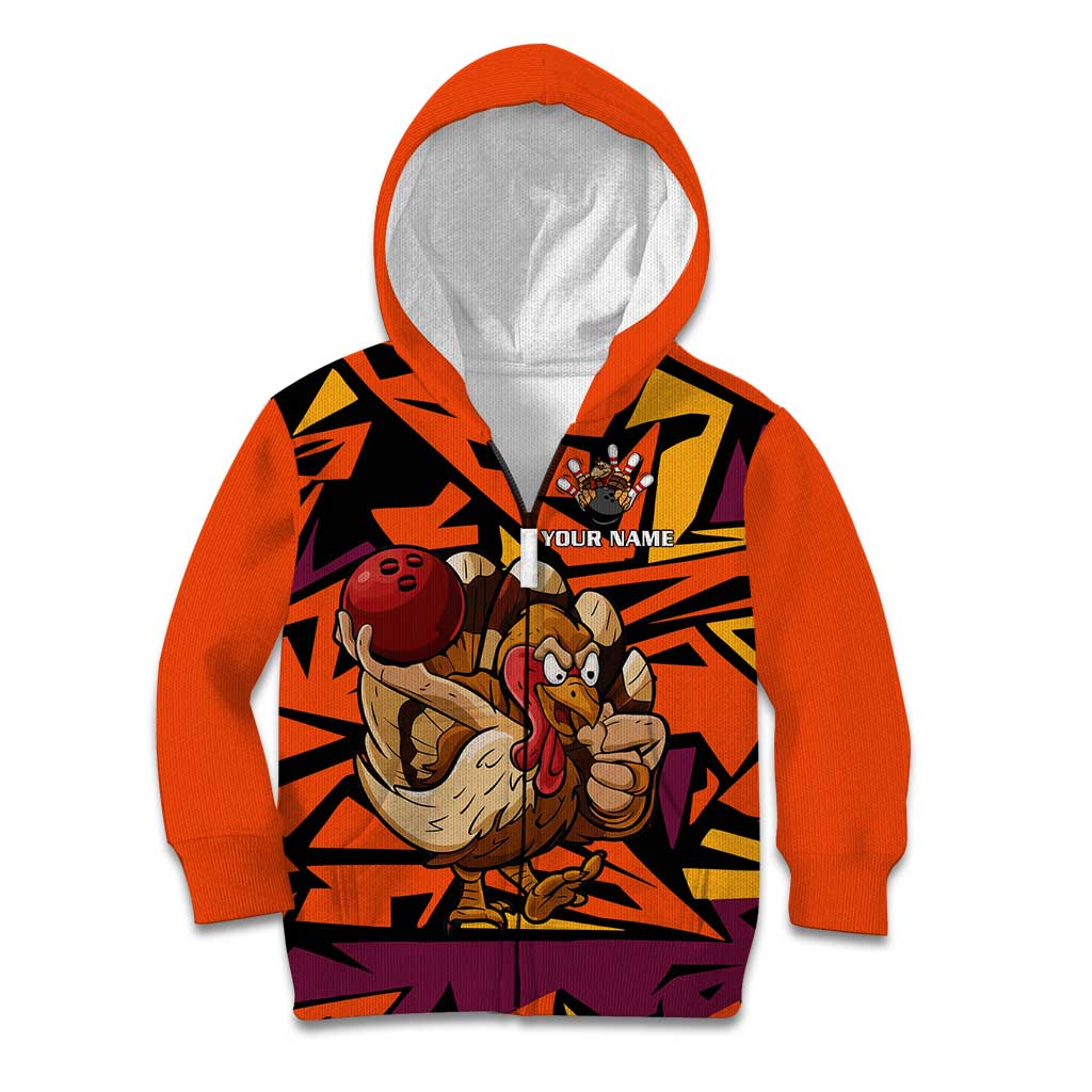 Custom Turkey Bowling Kid Hoodie with Cartoon Turkey Striker and Orange Geometric Pattern - Wonder Print Shop