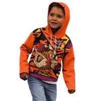 Custom Turkey Bowling Kid Hoodie with Cartoon Turkey Striker and Orange Geometric Pattern - Wonder Print Shop