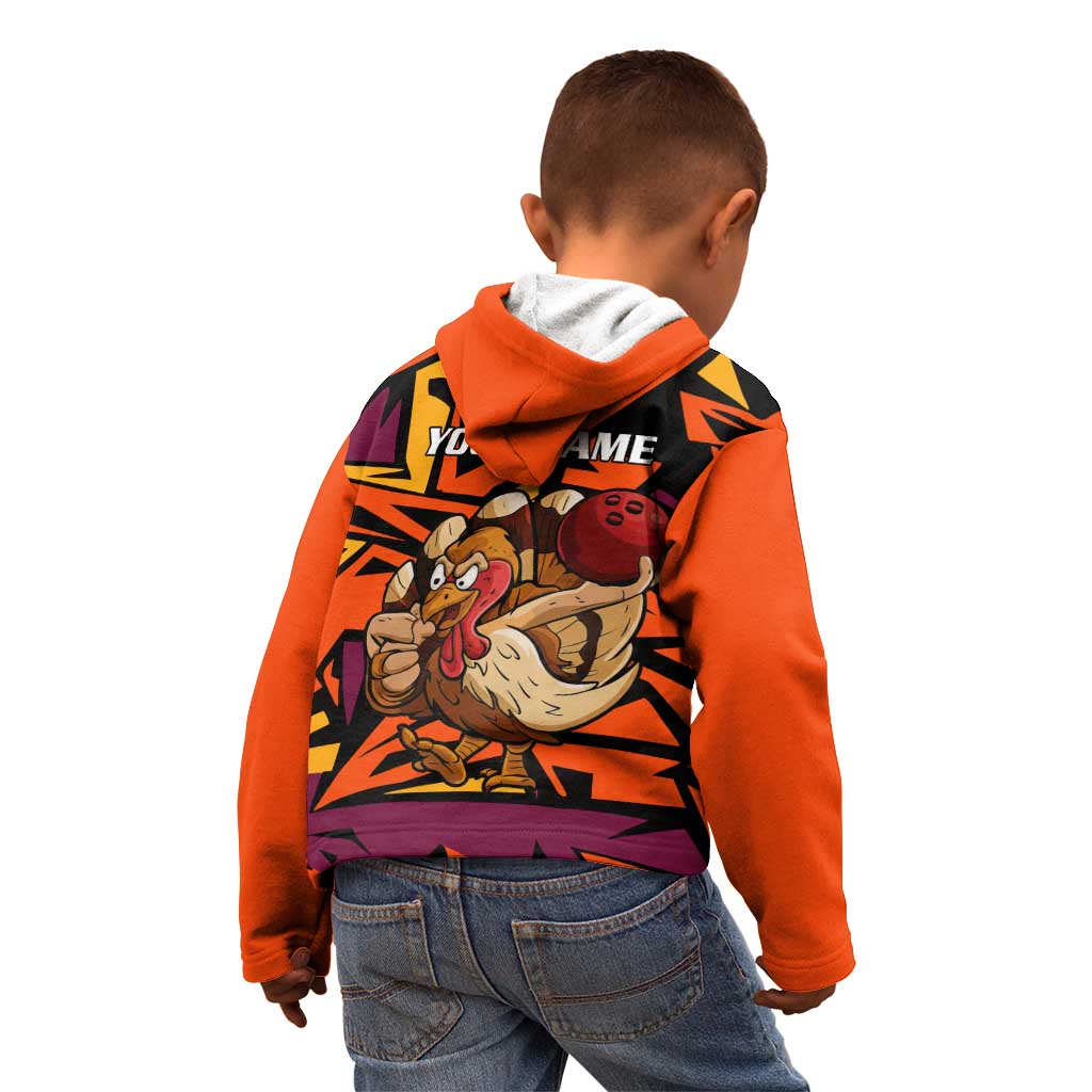 Custom Turkey Bowling Kid Hoodie with Cartoon Turkey Striker and Orange Geometric Pattern - Wonder Print Shop