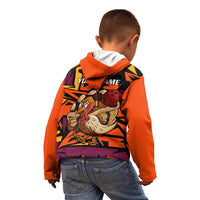 Custom Turkey Bowling Kid Hoodie with Cartoon Turkey Striker and Orange Geometric Pattern - Wonder Print Shop