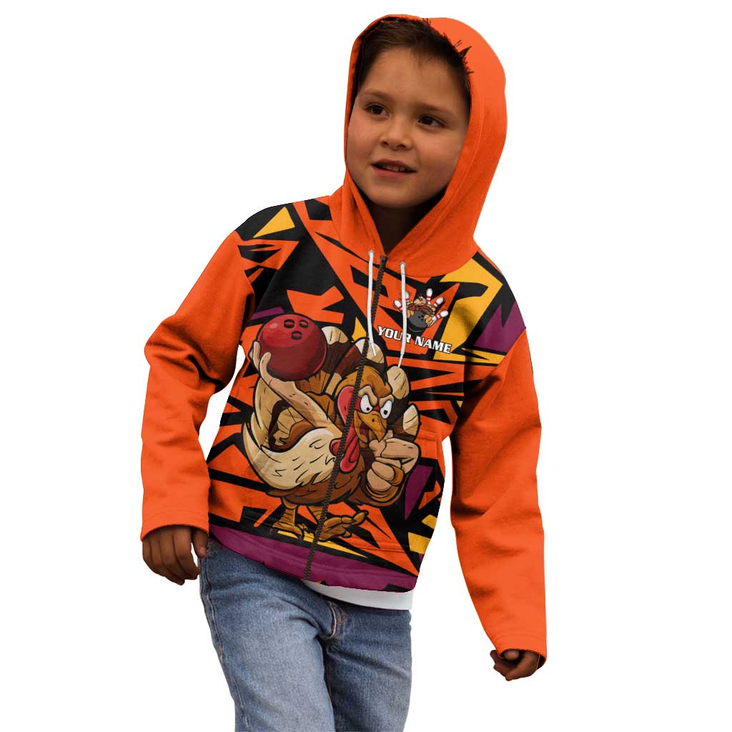 Custom Turkey Bowling Kid Hoodie with Cartoon Turkey Striker and Orange Geometric Pattern - Wonder Print Shop