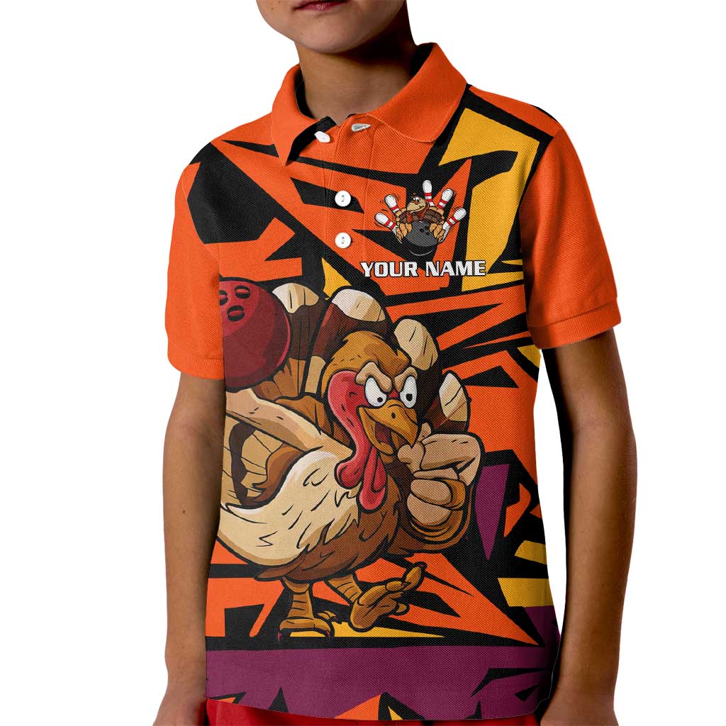 Custom Turkey Bowling Kid Polo Shirt with Cartoon Turkey Striker and Orange Geometric Pattern - Wonder Print Shop