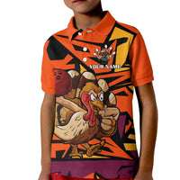 Custom Turkey Bowling Kid Polo Shirt with Cartoon Turkey Striker and Orange Geometric Pattern - Wonder Print Shop