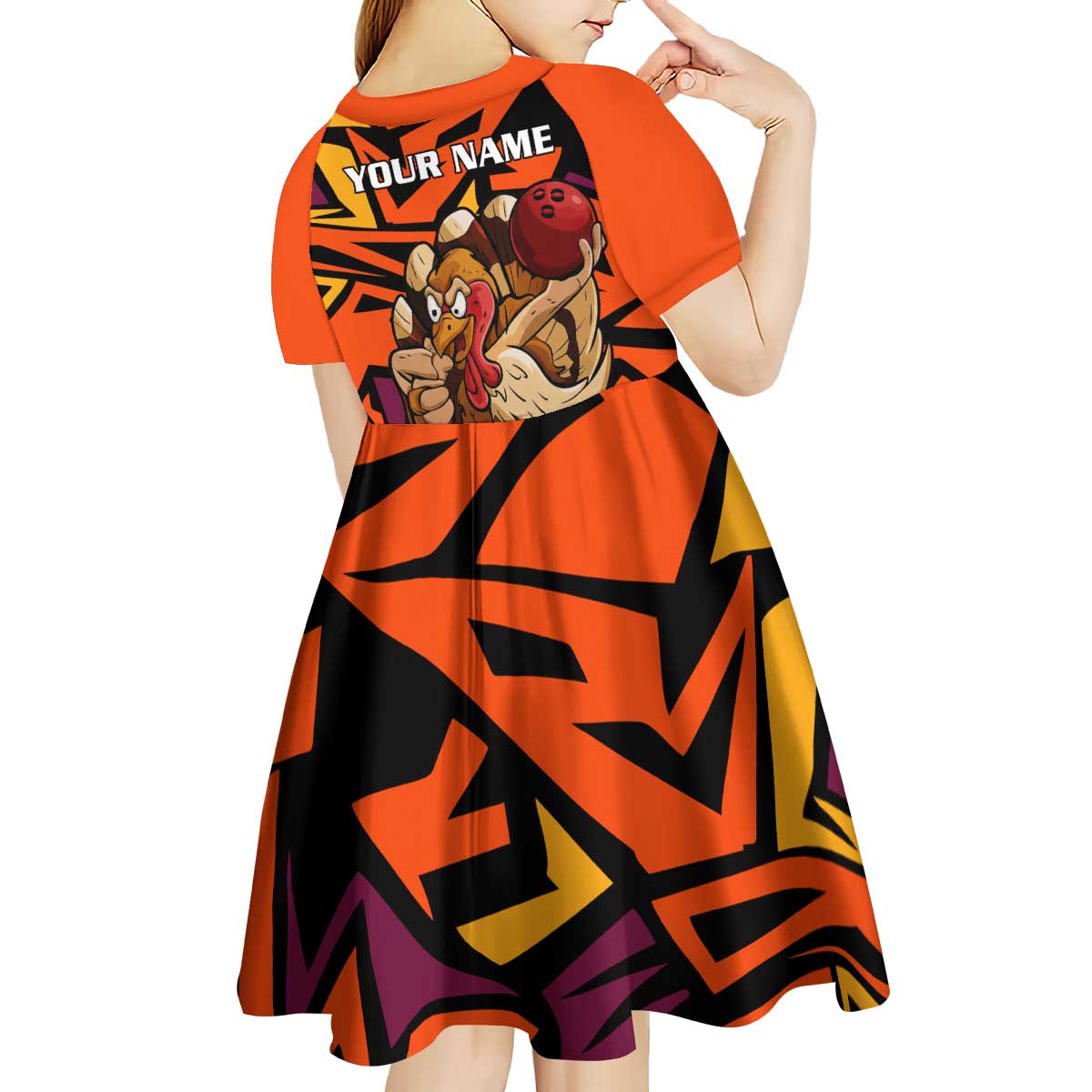 Custom Turkey Bowling Kid Short Sleeve Dress with Cartoon Turkey Striker and Orange Geometric Pattern - Wonder Print Shop