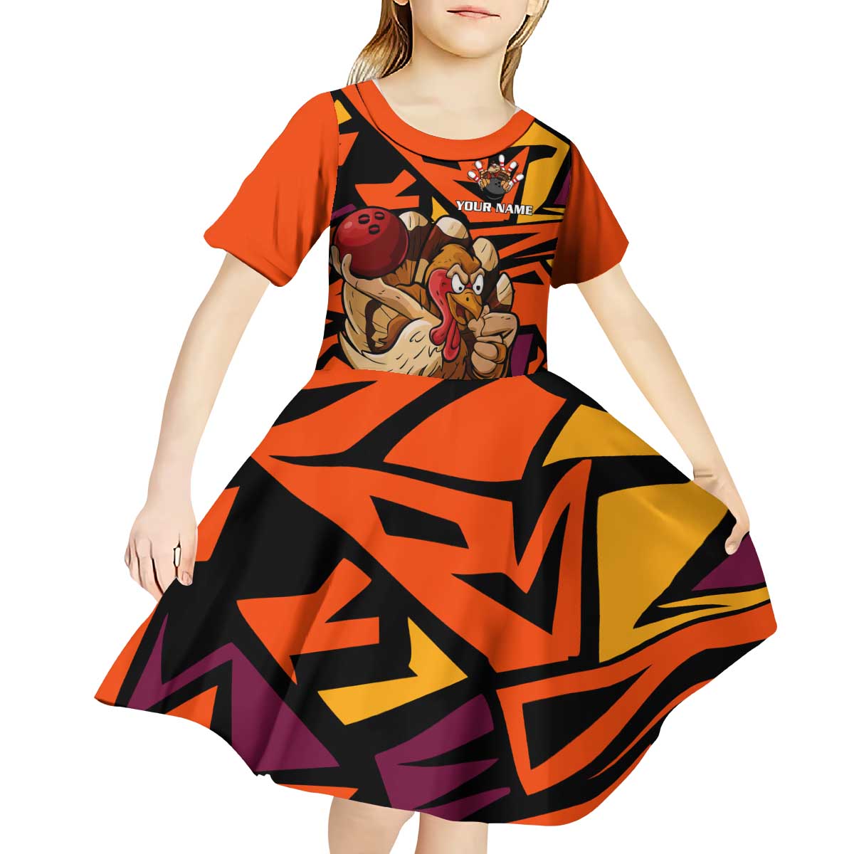 Custom Turkey Bowling Kid Short Sleeve Dress with Cartoon Turkey Striker and Orange Geometric Pattern - Wonder Print Shop