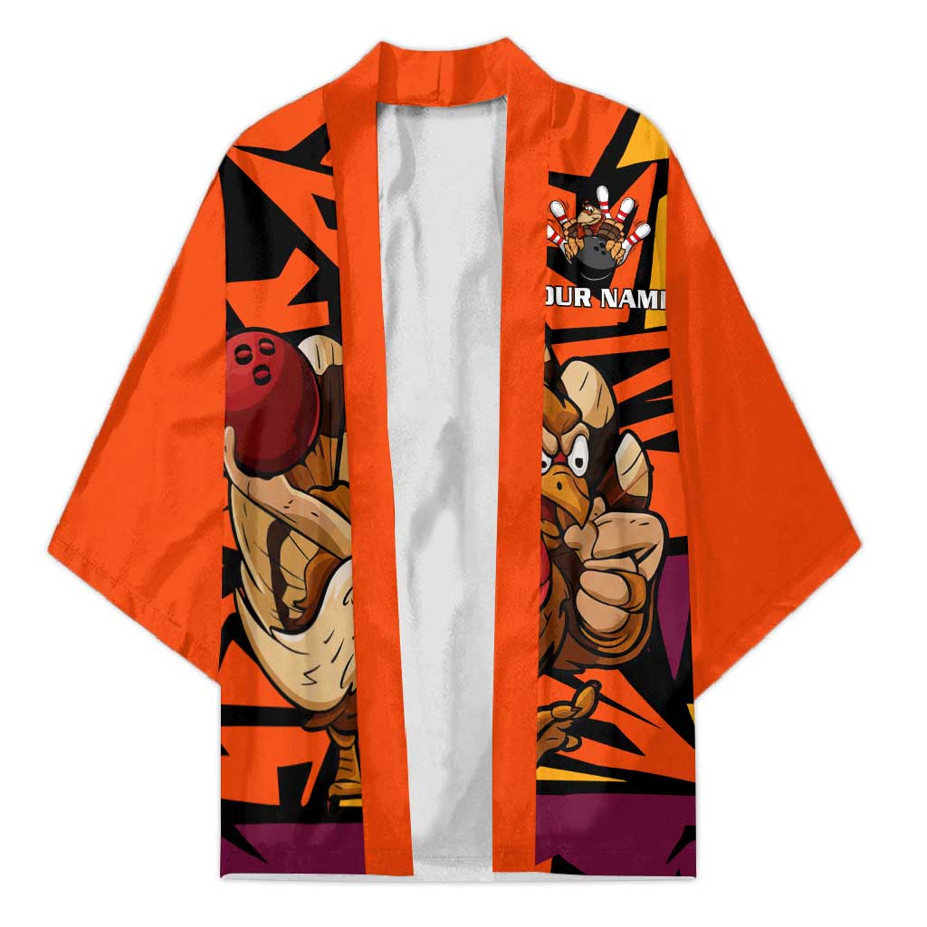 Custom Turkey Bowling Kimono with Cartoon Turkey Striker and Orange Geometric Pattern - Wonder Print Shop