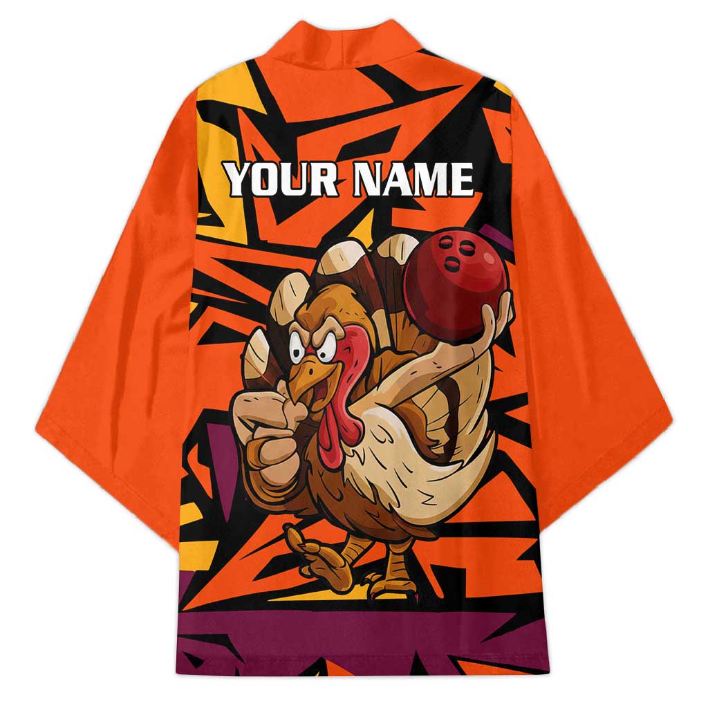 Custom Turkey Bowling Kimono with Cartoon Turkey Striker and Orange Geometric Pattern - Wonder Print Shop