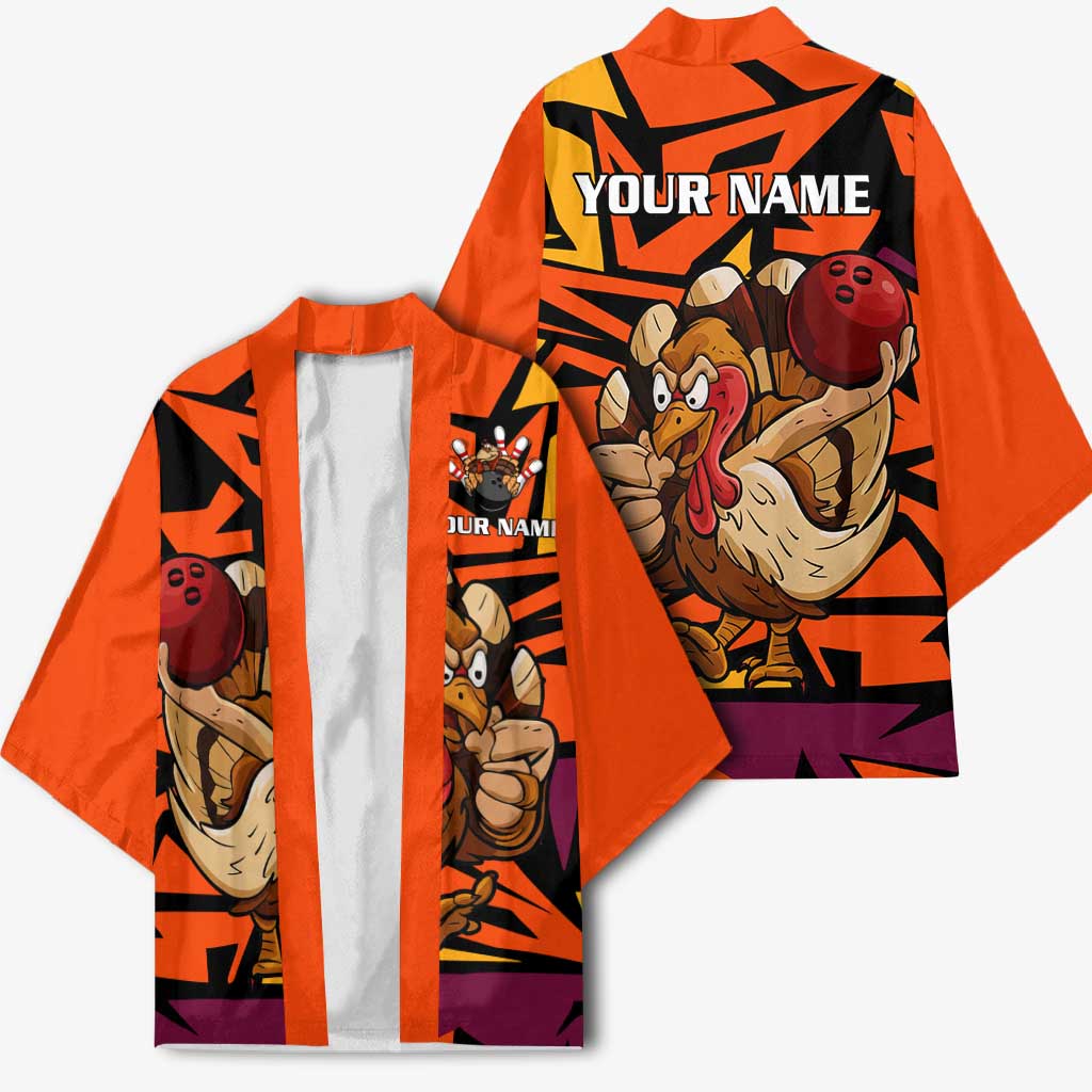 Custom Turkey Bowling Kimono with Cartoon Turkey Striker and Orange Geometric Pattern - Wonder Print Shop