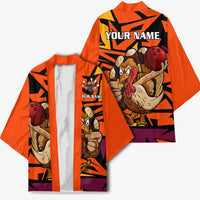 Custom Turkey Bowling Kimono with Cartoon Turkey Striker and Orange Geometric Pattern - Wonder Print Shop