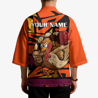 Custom Turkey Bowling Kimono with Cartoon Turkey Striker and Orange Geometric Pattern - Wonder Print Shop