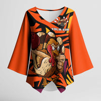 Custom Turkey Bowling Kimono Sleeve Blouse with Cartoon Turkey Striker and Orange Geometric Pattern - Wonder Print Shop