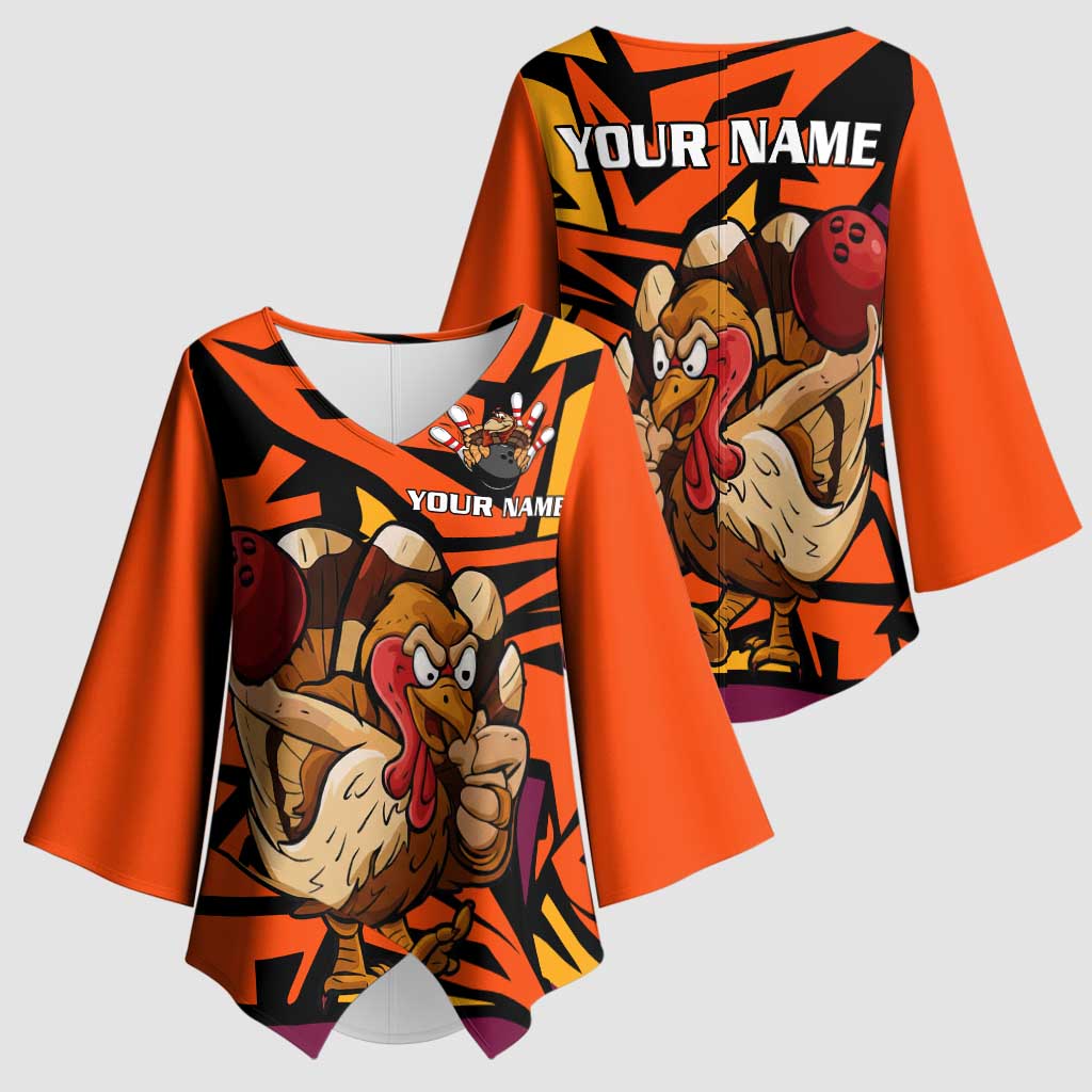 Custom Turkey Bowling Kimono Sleeve Blouse with Cartoon Turkey Striker and Orange Geometric Pattern - Wonder Print Shop