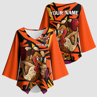 Custom Turkey Bowling Kimono Sleeve Blouse with Cartoon Turkey Striker and Orange Geometric Pattern - Wonder Print Shop