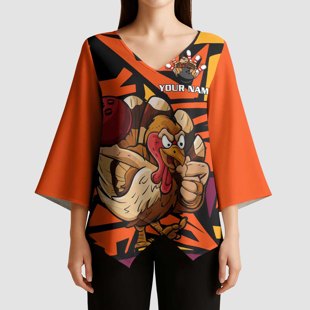 Custom Turkey Bowling Kimono Sleeve Blouse with Cartoon Turkey Striker and Orange Geometric Pattern - Wonder Print Shop