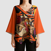 Custom Turkey Bowling Kimono Sleeve Blouse with Cartoon Turkey Striker and Orange Geometric Pattern - Wonder Print Shop
