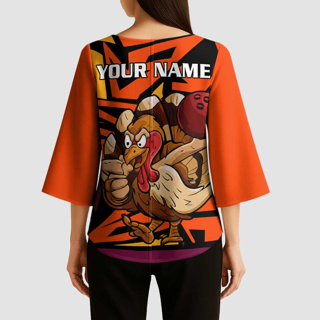 Custom Turkey Bowling Kimono Sleeve Blouse with Cartoon Turkey Striker and Orange Geometric Pattern - Wonder Print Shop