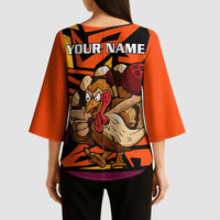 Custom Turkey Bowling Kimono Sleeve Blouse with Cartoon Turkey Striker and Orange Geometric Pattern - Wonder Print Shop