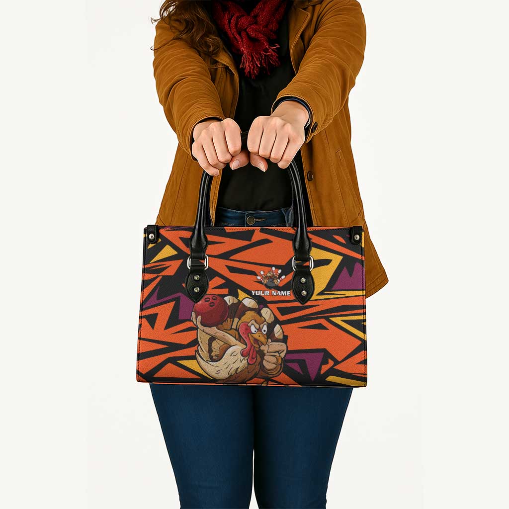 Custom Turkey Bowling Leather Bag with Cartoon Turkey Striker and Orange Geometric Pattern - Wonder Print Shop