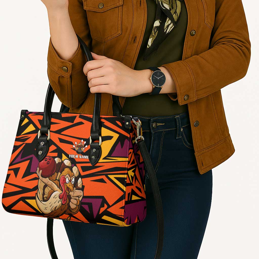 Custom Turkey Bowling Leather Bag with Cartoon Turkey Striker and Orange Geometric Pattern - Wonder Print Shop