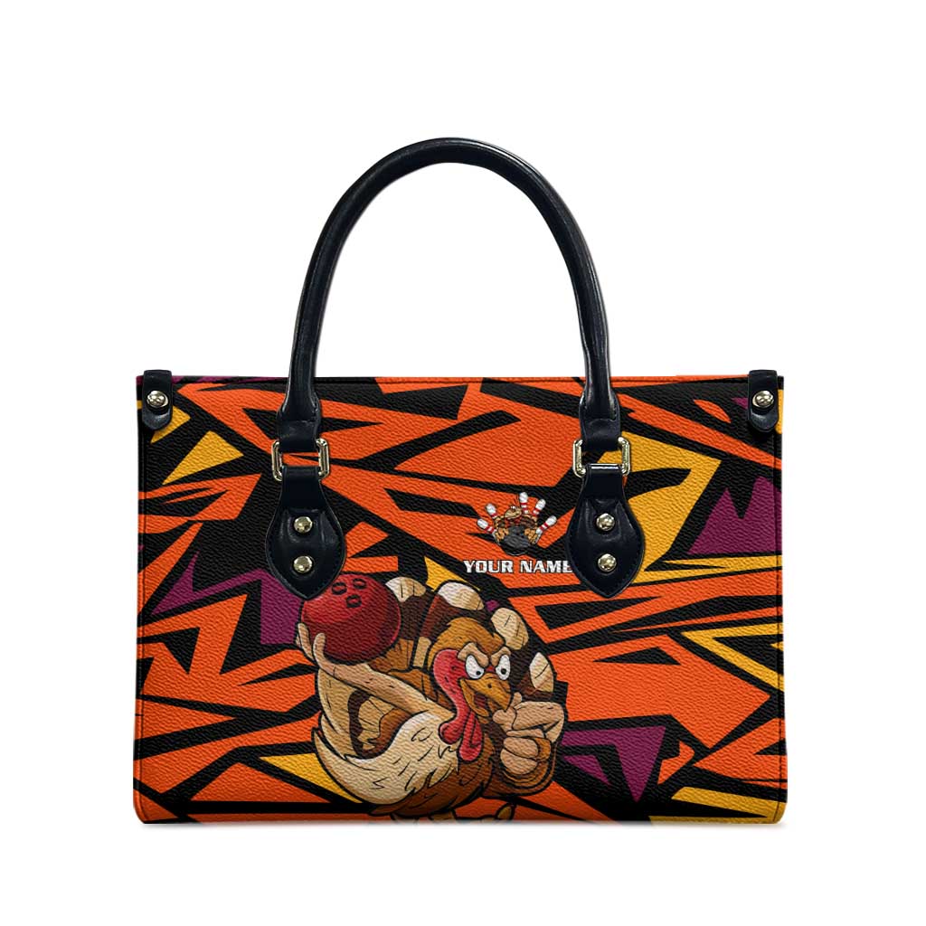 Custom Turkey Bowling Leather Bag with Cartoon Turkey Striker and Orange Geometric Pattern - Wonder Print Shop
