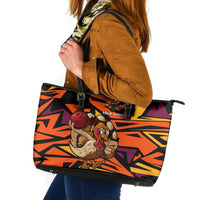 Custom Turkey Bowling Leather Tote Bag with Cartoon Turkey Striker and Orange Geometric Pattern - Wonder Print Shop