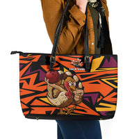 Custom Turkey Bowling Leather Tote Bag with Cartoon Turkey Striker and Orange Geometric Pattern - Wonder Print Shop