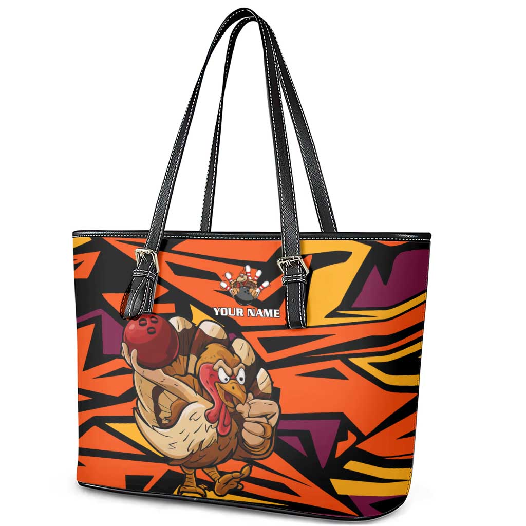 Custom Turkey Bowling Leather Tote Bag with Cartoon Turkey Striker and Orange Geometric Pattern - Wonder Print Shop