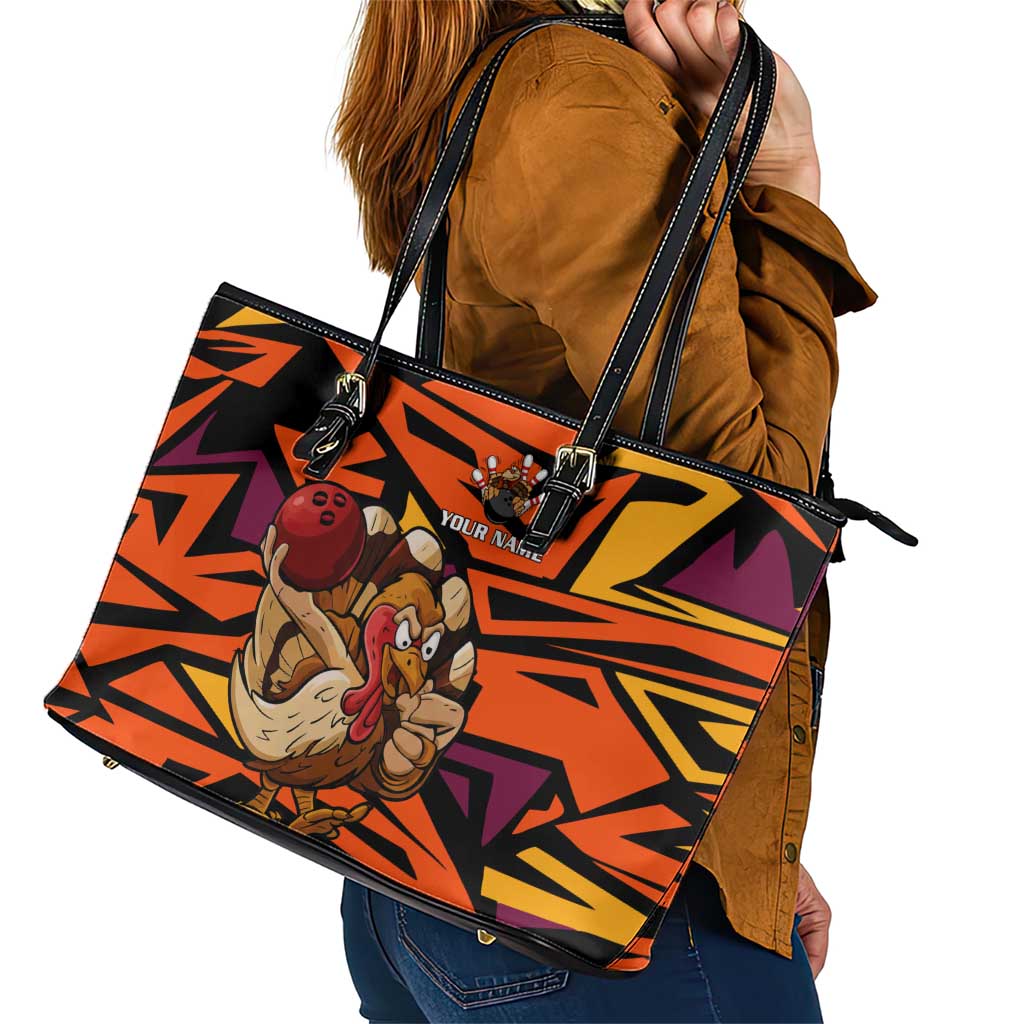 Custom Turkey Bowling Leather Tote Bag with Cartoon Turkey Striker and Orange Geometric Pattern - Wonder Print Shop
