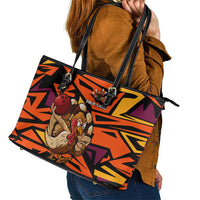 Custom Turkey Bowling Leather Tote Bag with Cartoon Turkey Striker and Orange Geometric Pattern - Wonder Print Shop