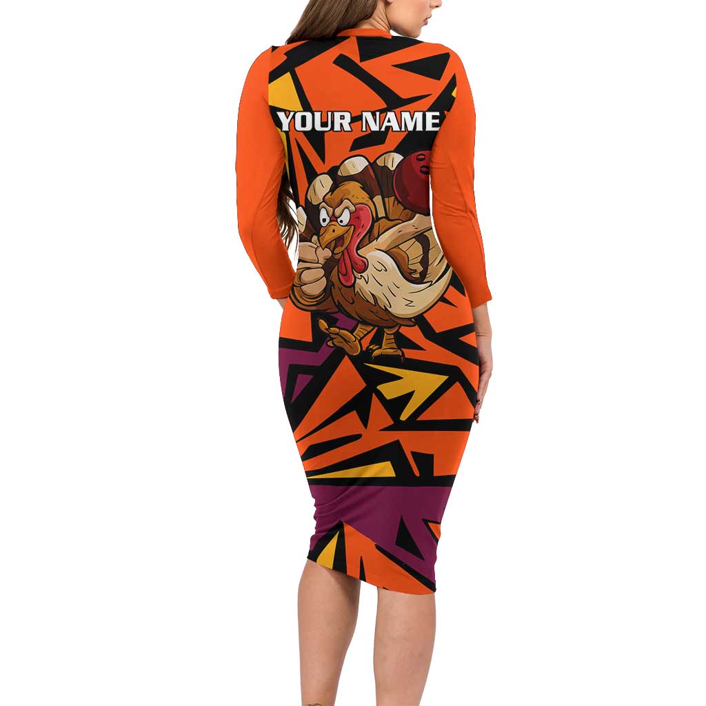 Custom Turkey Bowling Long Sleeve Bodycon Dress with Cartoon Turkey Striker and Orange Geometric Pattern - Wonder Print Shop
