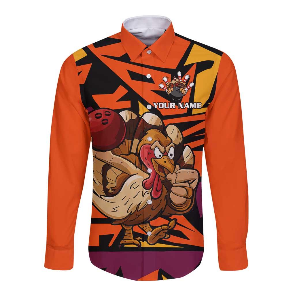 Custom Turkey Bowling Long Sleeve Button Shirt with Cartoon Turkey Striker and Orange Geometric Pattern - Wonder Print Shop