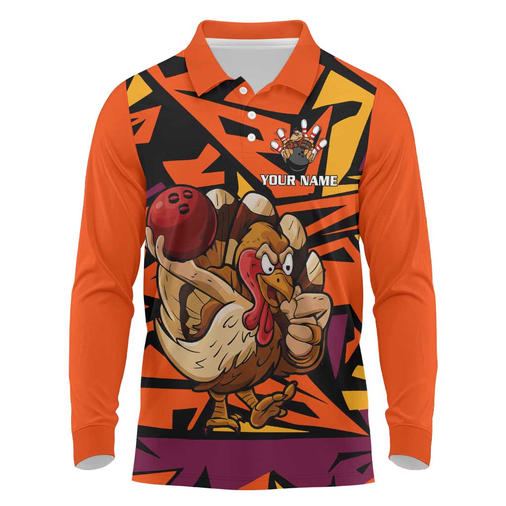 Custom Turkey Bowling Long Sleeve Polo Shirt with Cartoon Turkey Striker and Orange Geometric Pattern - Wonder Print Shop