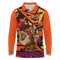 Custom Turkey Bowling Long Sleeve Polo Shirt with Cartoon Turkey Striker and Orange Geometric Pattern - Wonder Print Shop